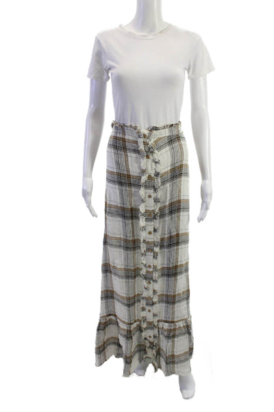 Lisa Marie Fernandez Womens Maxi Peasant Plaid Linen Blend Skirt Beige Size 0