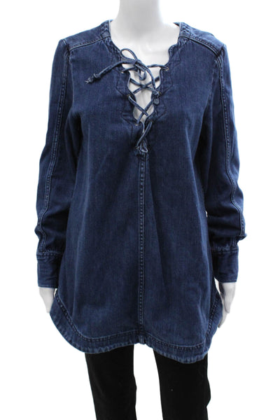Free People Women Long Sleeve Dark Blue Lace Up Tunic Top Cotton Spandex Size M