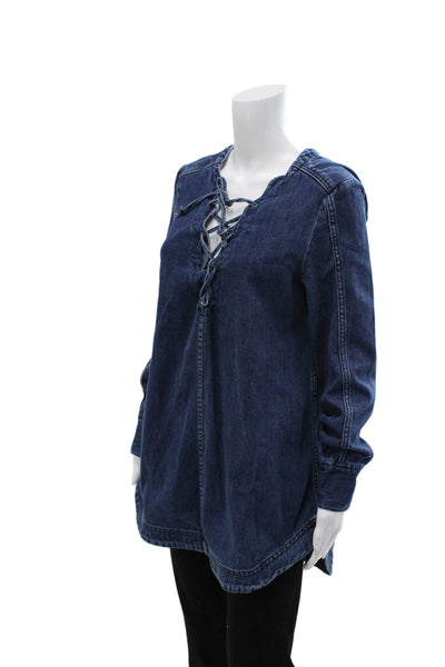 Free People Women Long Sleeve Dark Blue Lace Up Tunic Top Cotton Spandex Size M