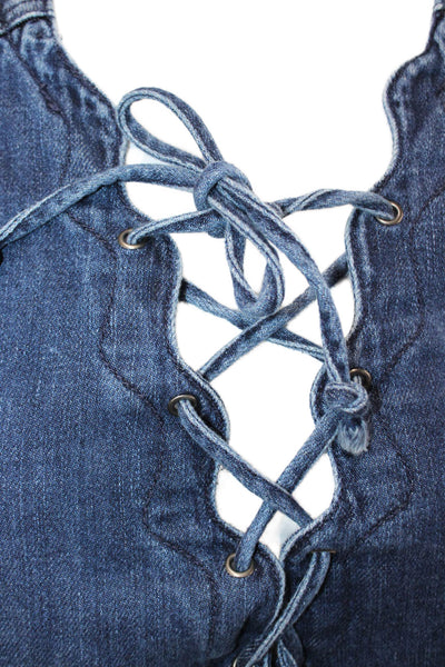 Free People Women Long Sleeve Dark Blue Lace Up Tunic Top Cotton Spandex Size M