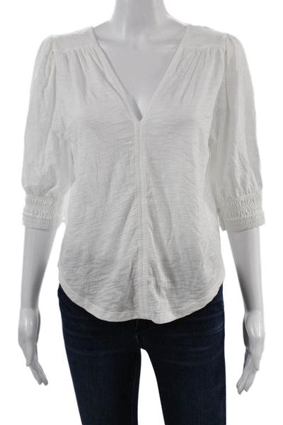 Goldie Womens White V-Neck 3/4 Sleeve Basic Blouse 100% Pima Cotton Size M