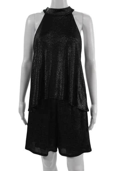 Veronica M Women Shift Romper Black Mock Neck Sleeveless Zip Size L