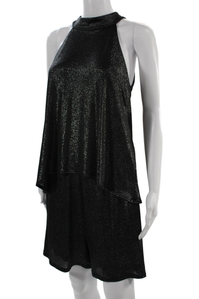 Veronica M Women Shift Romper Black Mock Neck Sleeveless Zip Size L