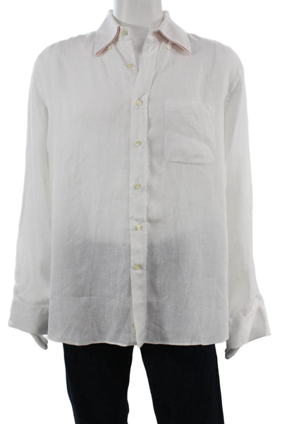 Kashani Mens Point Button-Up Linen Collared Long Sleeve White Classic Size L