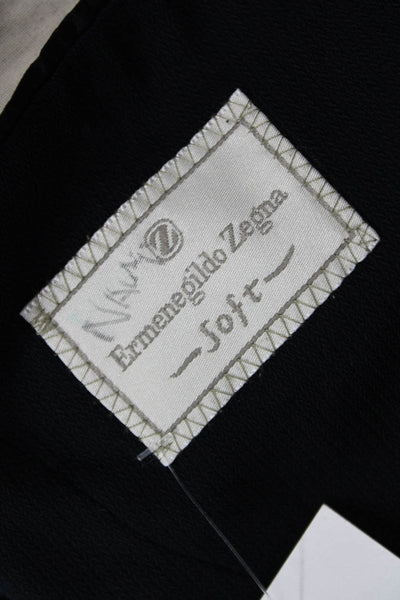 Ermenegildo Zegna Mens Dark Blue Herringbone Blazer Button Collared Size 44