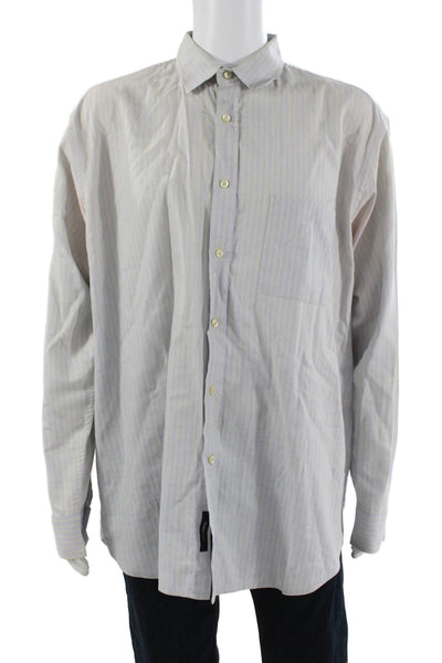 Zegna Sport Mens Button Front Collared Striped Shirt Blue Gray Cotton Size 2XL