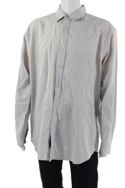 Zegna Sport Mens Button Front Collared Striped Shirt Blue Gray Cotton Size 2XL