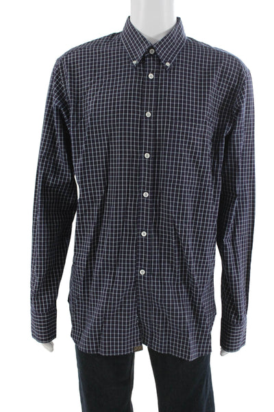 Billy Reid Mens Button Front Collared Plaid Shirt Navy White Red Size XL
