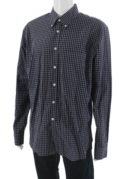 Billy Reid Mens Button Front Collared Plaid Shirt Navy White Red Size XL