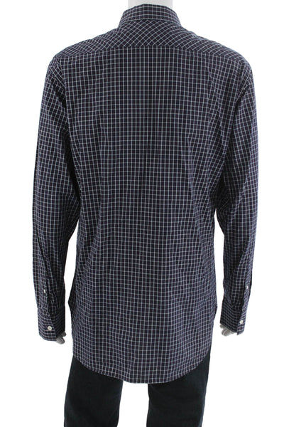 Billy Reid Mens Button Front Collared Plaid Shirt Navy White Red Size XL