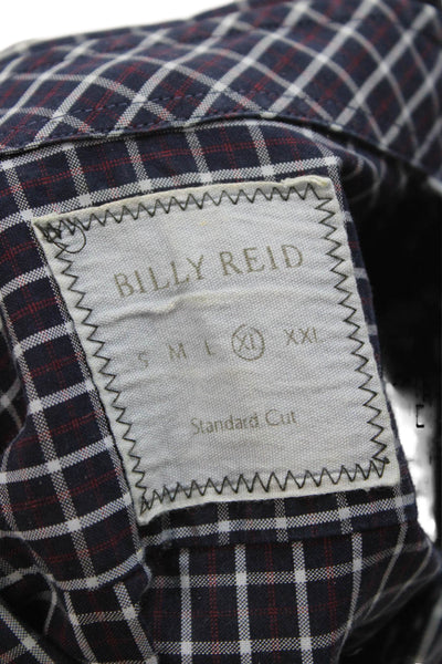 Billy Reid Mens Button Front Collared Plaid Shirt Navy White Red Size XL