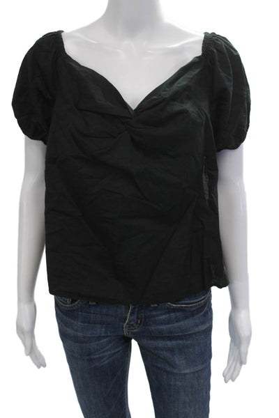 L Agence Womens Black Cotton V Neck Short Sleeve Blouse Size L