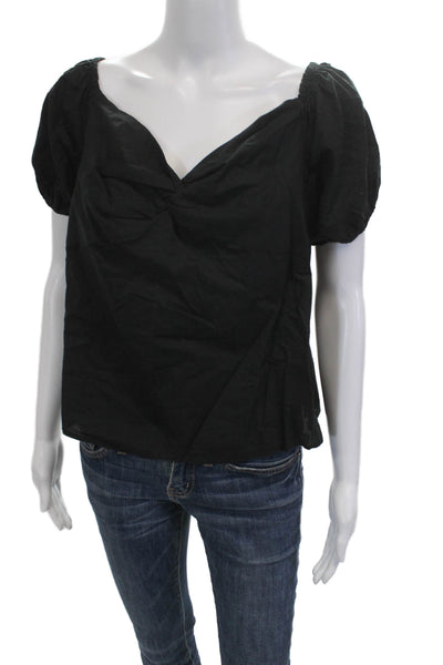 L Agence Womens Black Cotton V Neck Short Sleeve Blouse Size L