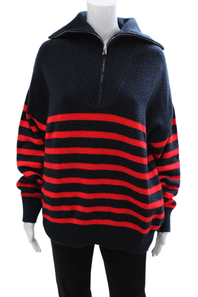 Zara Unisex Collared Striped Pullover Dark Blue Zip Long Sleeve 90s Size S
