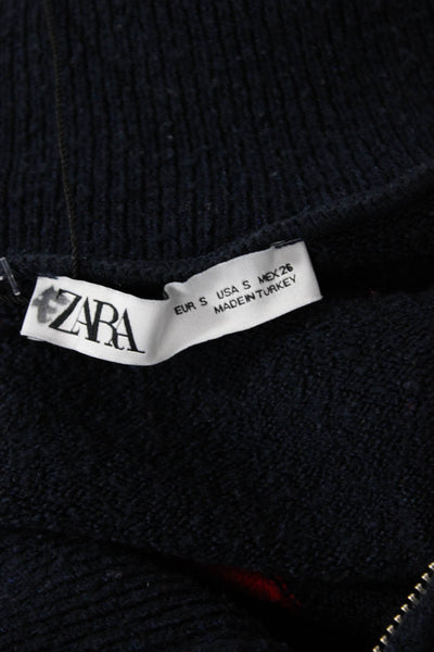 Zara Unisex Collared Striped Pullover Dark Blue Zip Long Sleeve 90s Size S