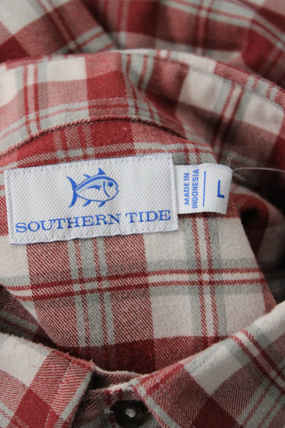 Southern Tide Mens Button Front Collared Plaid Shirt Red White Size Large