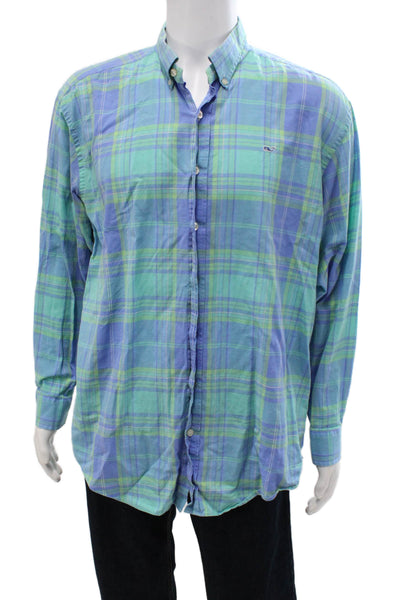 Vineyard Vines Mens Button Front Collared Plaid Whale Shirt Green Blue Large