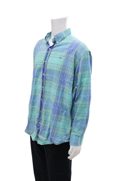 Vineyard Vines Mens Button Front Collared Plaid Whale Shirt Green Blue Large