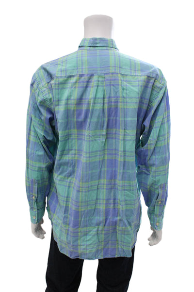Vineyard Vines Mens Button Front Collared Plaid Whale Shirt Green Blue Large