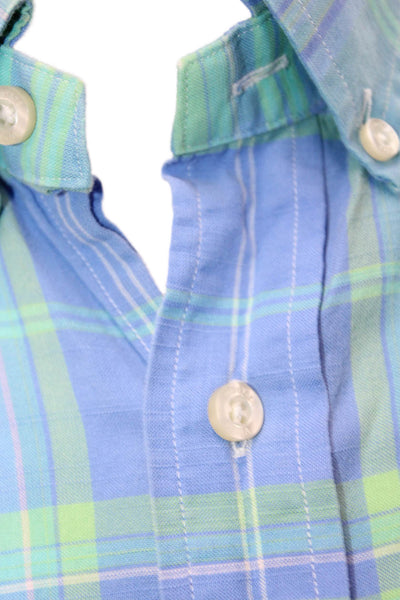 Vineyard Vines Mens Button Front Collared Plaid Whale Shirt Green Blue Large