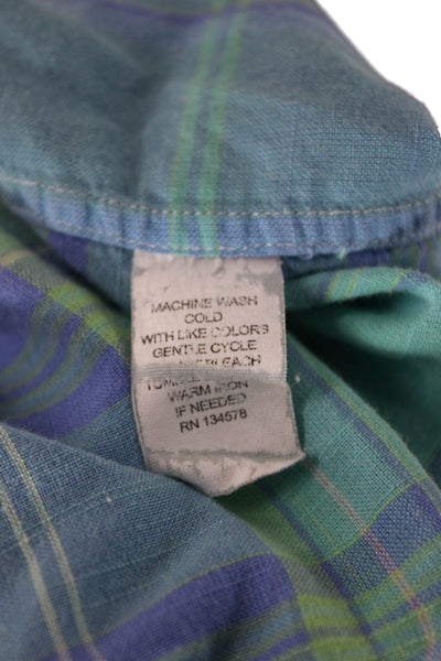 Vineyard Vines Mens Button Front Collared Plaid Whale Shirt Green Blue Large