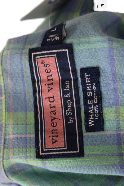 Vineyard Vines Mens Button Front Collared Plaid Whale Shirt Green Blue Large