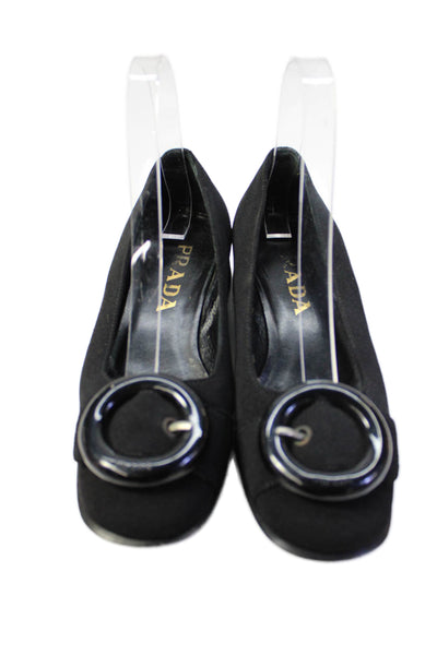 Prada Womens Slip On Logo Buckle Canvas Ballet Flats Black Size 35