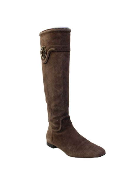 Tory Burch Womens Side Zip Block Heel Logo Knee High Boots Brown Suede Size 6