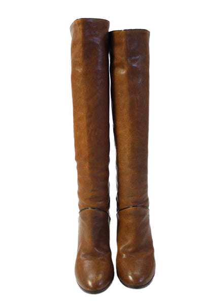 Chloe Womens Slip On Stiletto Round Toe Knee High Boots Brown Leather Size 35