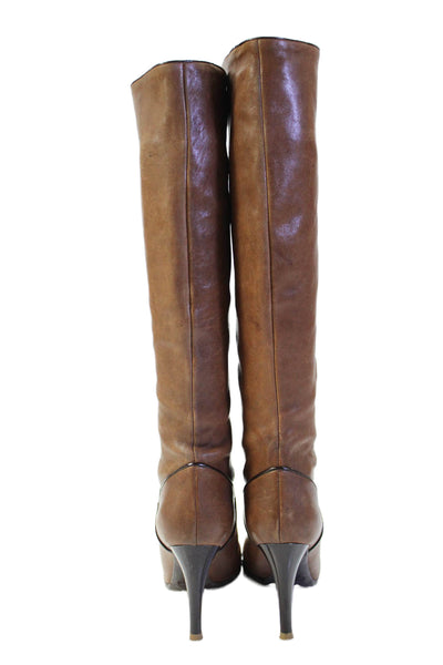 Chloe Womens Slip On Stiletto Round Toe Knee High Boots Brown Leather Size 35