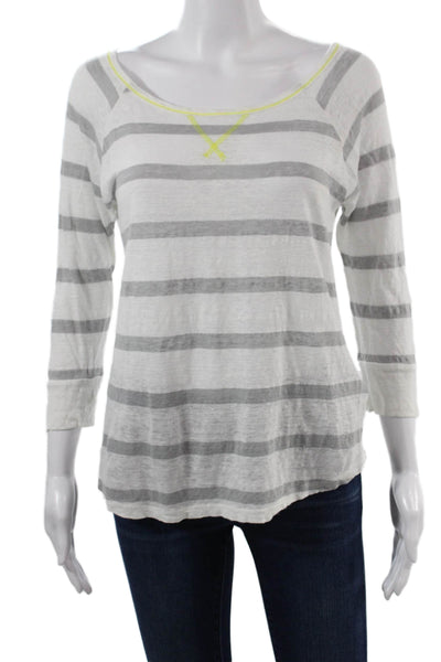 Joie Womens Basic Striped Linen Round Neck 3/4 Sleeve T-Shirt White Size XS