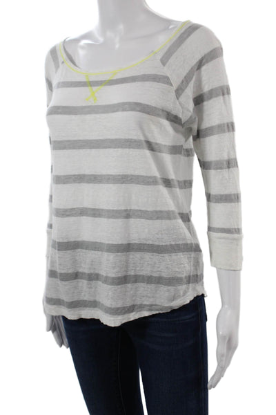 Joie Womens Basic Striped Linen Round Neck 3/4 Sleeve T-Shirt White Size XS