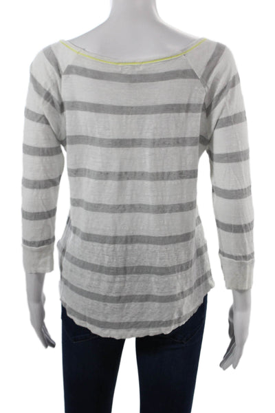 Joie Womens Basic Striped Linen Round Neck 3/4 Sleeve T-Shirt White Size XS