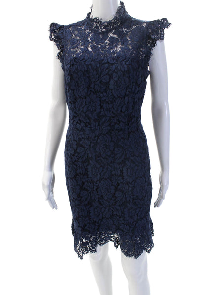 Aijek Women Bodycon Sheath Dress Dark Blue Floral High Neck Knee Length Size 3