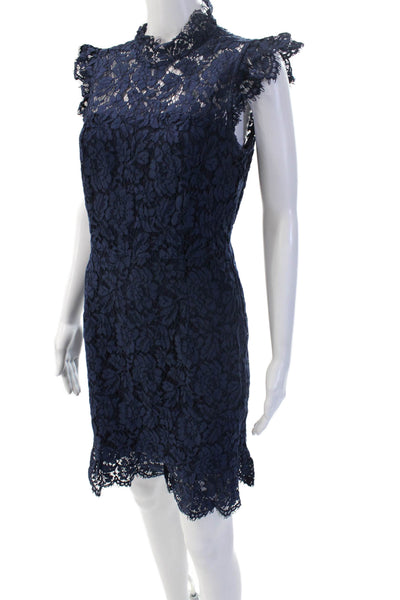 Aijek Women Bodycon Sheath Dress Dark Blue Floral High Neck Knee Length Size 3