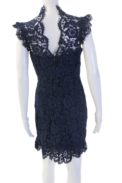 Aijek Women Bodycon Sheath Dress Dark Blue Floral High Neck Knee Length Size 3