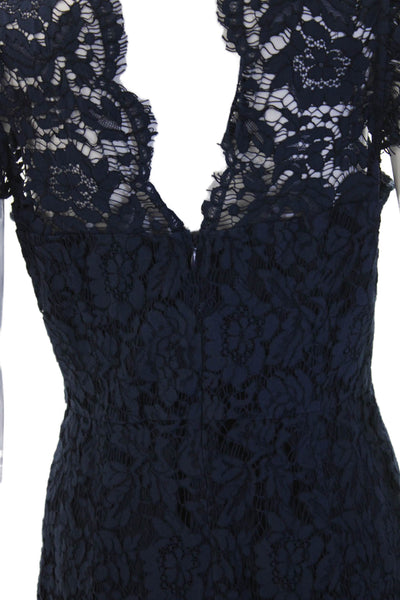 Aijek Women Bodycon Sheath Dress Dark Blue Floral High Neck Knee Length Size 3