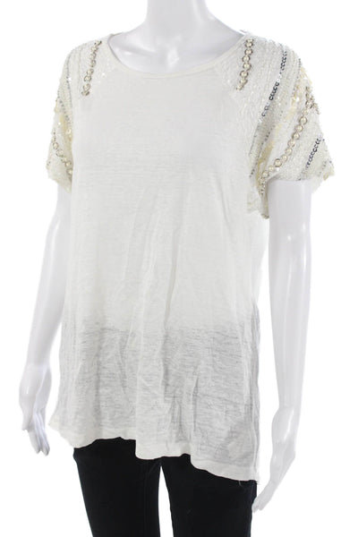 Joes Women Tunic T-Shirt White Linen Short Sleeve Bohemian Size M