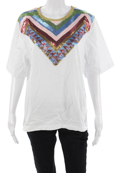 Manoush Women White Aztec Cotton Crew Neck Short Sleeve T-Shirt Size 38
