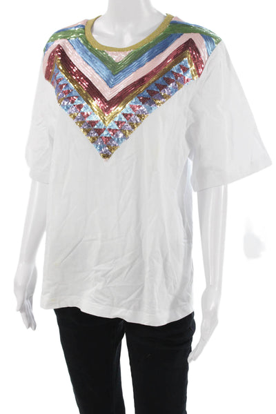 Manoush Women White Aztec Cotton Crew Neck Short Sleeve T-Shirt Size 38