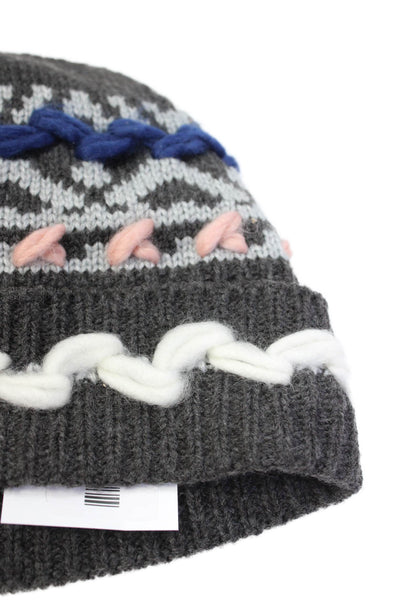 Aqua Womens Chunky Knit Trim Printed Cuffed Beanie Hat Gray Blue One Size