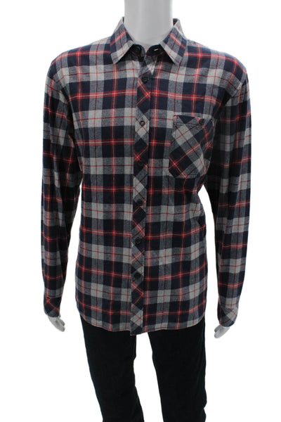 Rip Curl Mens Button-Down Plaid Dark Blue Cotton Long Sleeve Collared Size L