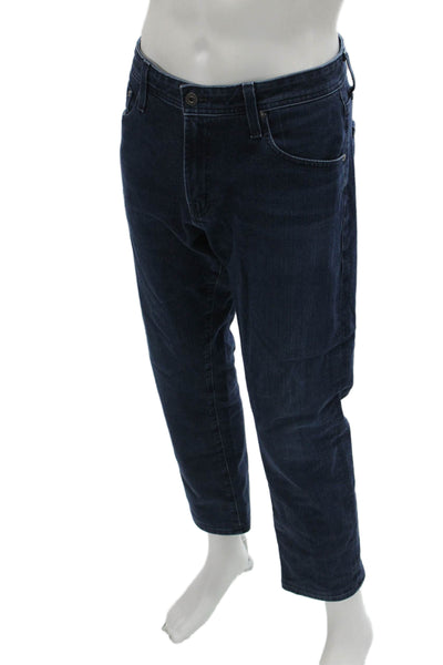 AG Mens Cropped Straight Jeans Dark Blue Button Designer Size 34