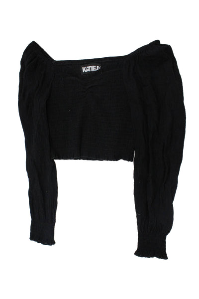 Katie J Girls Long Sleeve V Neck Smocked Crop Top Black Size Extra Large