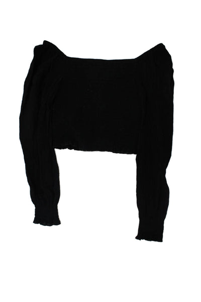 Katie J Girls Long Sleeve V Neck Smocked Crop Top Black Size Extra Large