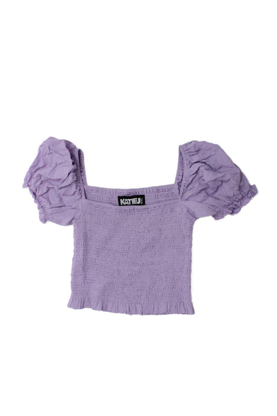 Katie J Girls Short Sleeve Smocked Square Neck Crop Top Purple Size XL