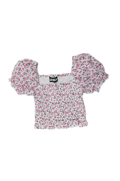Katie J Girls Short Sleeve Square Neck Floral Smocked Blouse White Pink Size XL