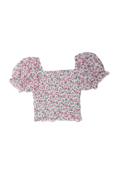 Katie J Girls Short Sleeve Square Neck Floral Smocked Blouse White Pink Size XL