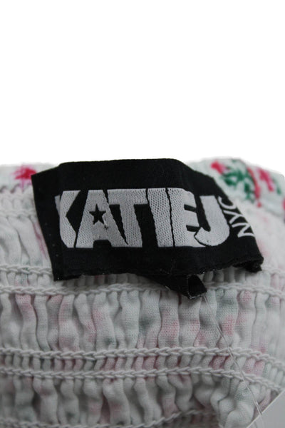 Katie J Girls Short Sleeve Square Neck Floral Smocked Blouse White Pink Size XL