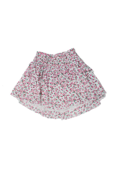 Katie J Girls Smocked Waistband Floral Tiered A Line Skirt White Pink Size XL